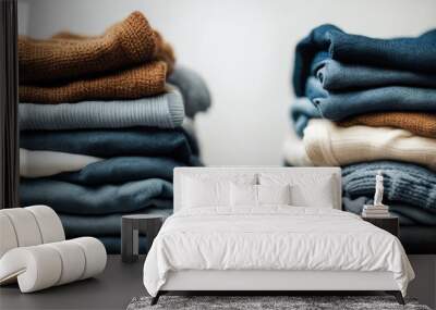 clean hand shirt pile sweater cotton white clothes jean isolation pattern garment fashion background laundry attire clothing casual jeans blue sweaters store textile group denim material Stac Wall mural