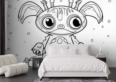 Coloring book Linear illustration of a cute cartoon green monster or alien Wall mural