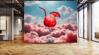 colors funny minimalist clouds red sky light collage blue coctail straw generated liqueur alcohol bar cocktail party set tequila whiskey drink background collection isolated rum beverage Wall mural