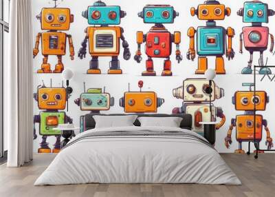 cyborg illustration cute characters android retro cartoon childish funny stickers background print set white olated flat colored robots kids smiling robot computer scandinavian smile space robotic mec Wall mural