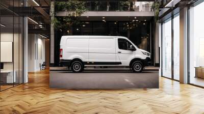 delivery white van asphalt autobahn blurred bus cabin car cargo carrier carrying chassis container contract conveyance delivering driveway driving forwarding freight haul highway lane Wall mural