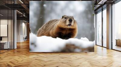 den Groundhog snowy emerges ground mammal wildlife animal snow hog nature Wall mural