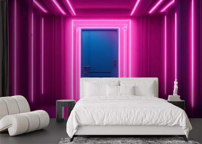 door pink space neon render empty background 3d abstract blue design retro vintage  Wall mural