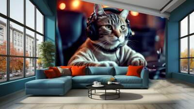 gamer games pc cat adphones a setup plays video earphones game animal gaming technology computer Wall mural