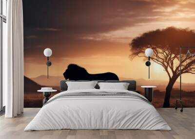 jungle lion sunset lion background illustration with wild nature silhouette lion black standing african Wall mural