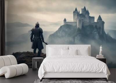 landscape tory warrior stands knight castle front mountain fantasy background  Wall mural