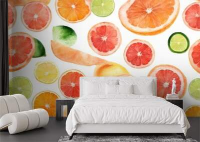 lemon blot watercolor grapefruit hand drawn slices leaf background blotch illustration lime orange set slice olated Wall mural