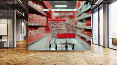 light empty red background interior scount cart supermarket store shopping hand aisle hold bokeh blur Woman defocused abstract grocery streetcar consumer Wall mural