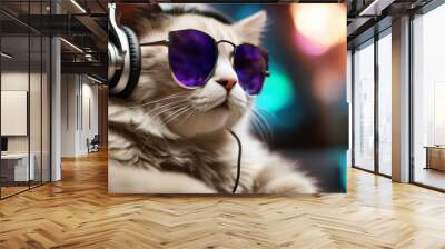 listening sunglasses headphones music cat dj wearing animal cute nightclub earphones funny goggles headset cool kitten audio ear pod pet closeup portrait song sound turntable ginger Wall mural