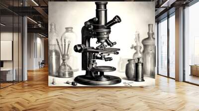 microscope illustration physics laboratory scientist background Wall mural