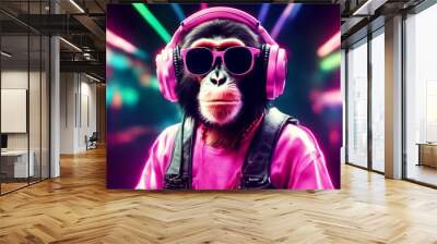 monkey in party with sunglasses dj cool music nightclub cartoon art character chimpanzee Wall mural