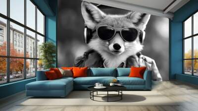 portrait looks adphones animal happy poster smiling sunglasses looking music photo funny human club cute camera background zoo fox monochrome fashionable aring dj friendly domestic nature Wall mural