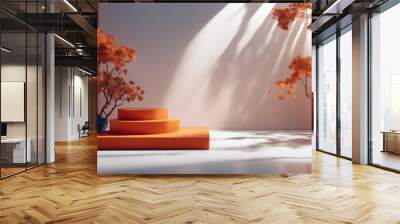 product rendering leaves shadow 3D Orange nature splay podium poduim dais display cosmetic product yellow background sunlight leaf orange three-dimensional sunblock racked nature monstera summer Wall mural