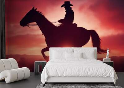 red sunset cowboy silhouette horse in desert and sun nature landscape sunrise  Wall mural