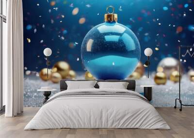 render presentation Christmas Blue New Glass year text  3D podium background  showcase confetti  glitter Beauty splay  product snow  ornament confetti pedestal three-dimensional background d Wall mural