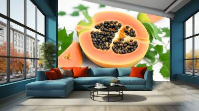 ripe fruit white leaves leaf olated ai green macro papaya juicy background closeup fresh Wall mural