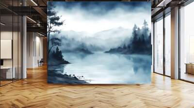 river watercolor ocean mountains drawing made painting drawn sea landscape fog blue coast background style art artist pre cloud cloudy scene hand lake neo forest noir coastline minimalist Wall mural