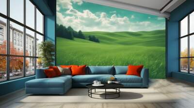 season ai landscape blue rural generative summer field background spring green grass hills sky land small clouds nature Wall mural