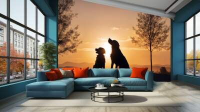 silhouette sunset Dog backlight beautiful adieu sad male trust shepard landscape leaves back death play blue canino sky shepherd young Wall mural