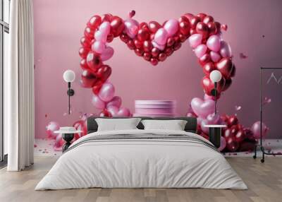 stage icon sale heart splay 3D gift background Product love birthday day pink scene stand happy party  emoji mom concept valentine mother podium balloon platform confetti nubes three-dimensional backg Wall mural