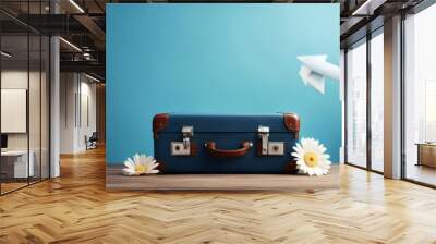 summer will background suitcase blue concept fly basic creative vacation generative idea ai travel plane flight tour tourism journey aerodrome Wall mural