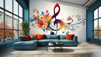 vibrant and colorful illustration of a treble clef surrounded by swirling musical notes flowers vines Wall mural