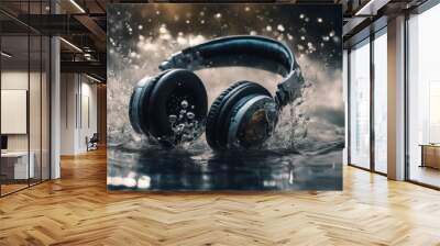 water making splash surface headphones hitting earphones music sound speaker ear beat bass underwater bubble isolated black white closeup dripped drop art minimalism macro Wall mural