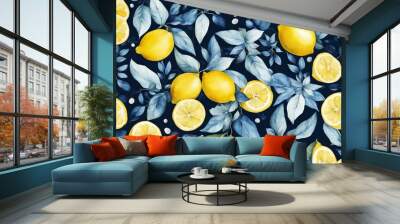 watercolor leaves blue pattern seamless Beautiful lemons drawn hand Stock Wall mural