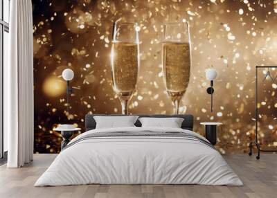 year celebration New champagne confetti year's eve champaign goggles 2 night christmas glistering party gold happy background serpentine star fireworks light bok Wall mural