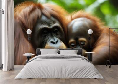 Young orangutan sleeping mother zoo female orang eating rehabilitation forest jungle baby cute asia animal creature swing ape sabah expressive monkey simian endangered Wall mural