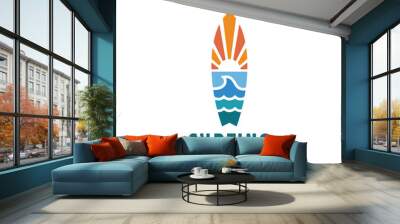 Vintage Surfing surfboard sunset and ocean waves Line art simple logo design Inspiration Wall mural