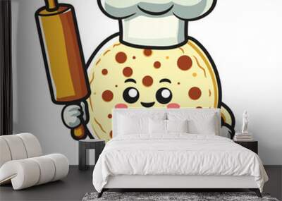 Mascot colouring pizza chef wearing his chef's hat holding a rolling pin ready to make a cake. Wall mural