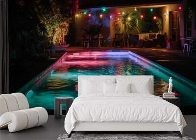 A pool party with neon lights illuminating the water Generative AI Wall mural