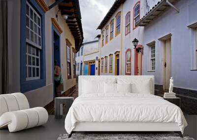 Typical street at historical city of Sao Joao del Rei, known as crooked houses street (a Rua das Casas Tortas) Wall mural