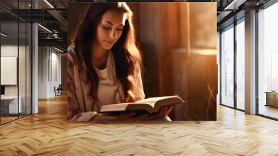 Faithful Devotion: Woman Praying with Her Bible, Embracing the Light of Faith Wall mural