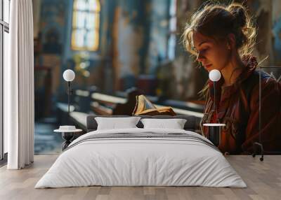 Woman Reading Bible in Church Wall mural