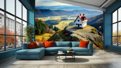 A miniature model house on a hill with a nice view. real estate. landscape. House. price. land. trip. mountain hut Wall mural