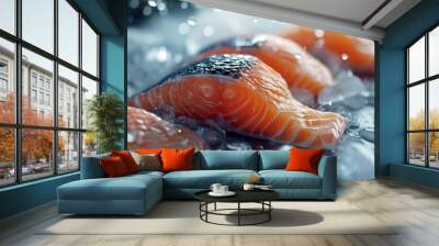 Freshly caught wild salmon fillets on ice. Wall mural