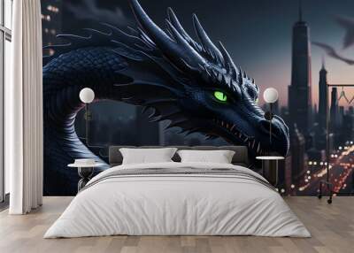 a dragon with green eyes and a city in the background Wall mural