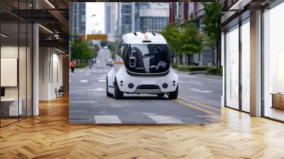 Autonomous vehicle driving on a city street. Concept of self-driving technology, innovation, and urban transportation. Wall mural