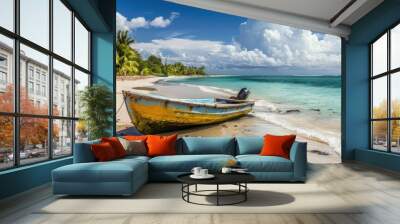 Exotic coast of the Dominican Republic with beautiful beach with moored fishing boat AI generated Wall mural