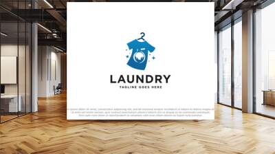 laundry logo in shades of blue with bubbles foam and washing clothes, simple creative logo, icon vector inspiration. Wall mural