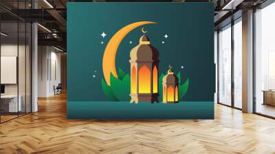 Ramadan kareem flat vector illustration with clouds, mosque, lanterns, crescent moon and stars. Can be used for banners, posters, backgrounds, landing pages, greeting cards, covers, etc. Wall mural