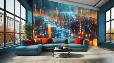 Smart city and abstract line and dot connect with gradient line design , big data connection technology AI generated Wall mural