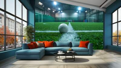 soccer ball on artificial bright and dark green grass at public outdoor football or futsal stadium AI generated Wall mural