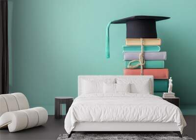 Stack of Colorful Books Topped with a Graduation Cap Against Solid Background Wall mural