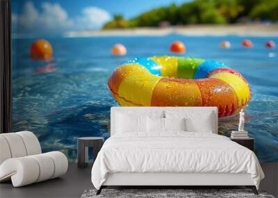 Vibrant Inflatable Ring Floating on a Pristine, Sunny Beach under Clear Blue Sky Wall mural