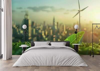 wind turbine farm and green leaf blowin in smart city.renewable energy.sustainable and environmentally friendly. AI generated Wall mural