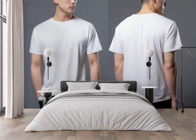  muscular cute handsome asian male model wearing a regular fit white t shirt , frontal view and back view, background is white Wall mural