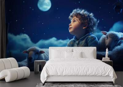 A little boy lies down and counts the little sheep that jump around in his imagination Wall mural